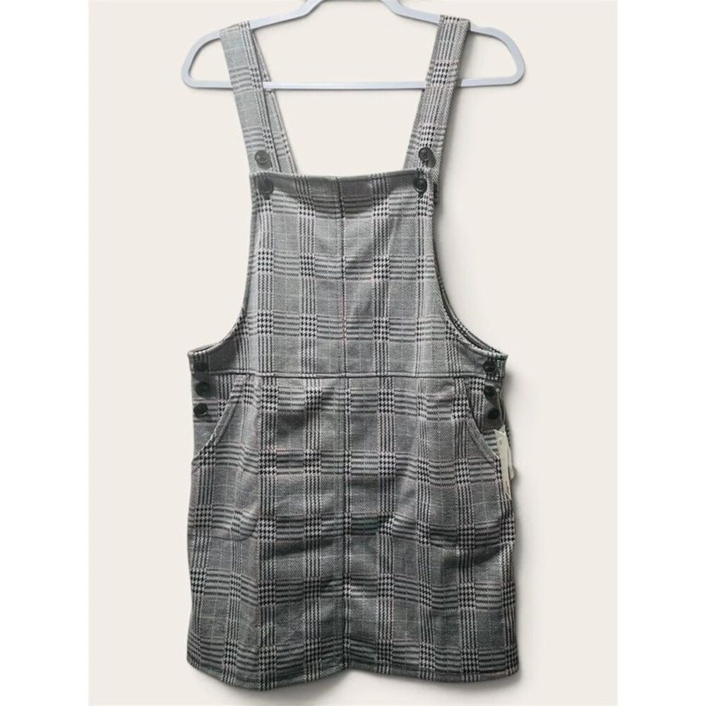 SO Kohl’s Button Strap Plaid Pinafore Jumper Dress Gray Red Size Medium NWT